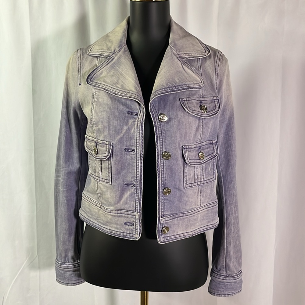 Vintage Y2K Escada Sport Purple Button Front Cropped Denim Jacket